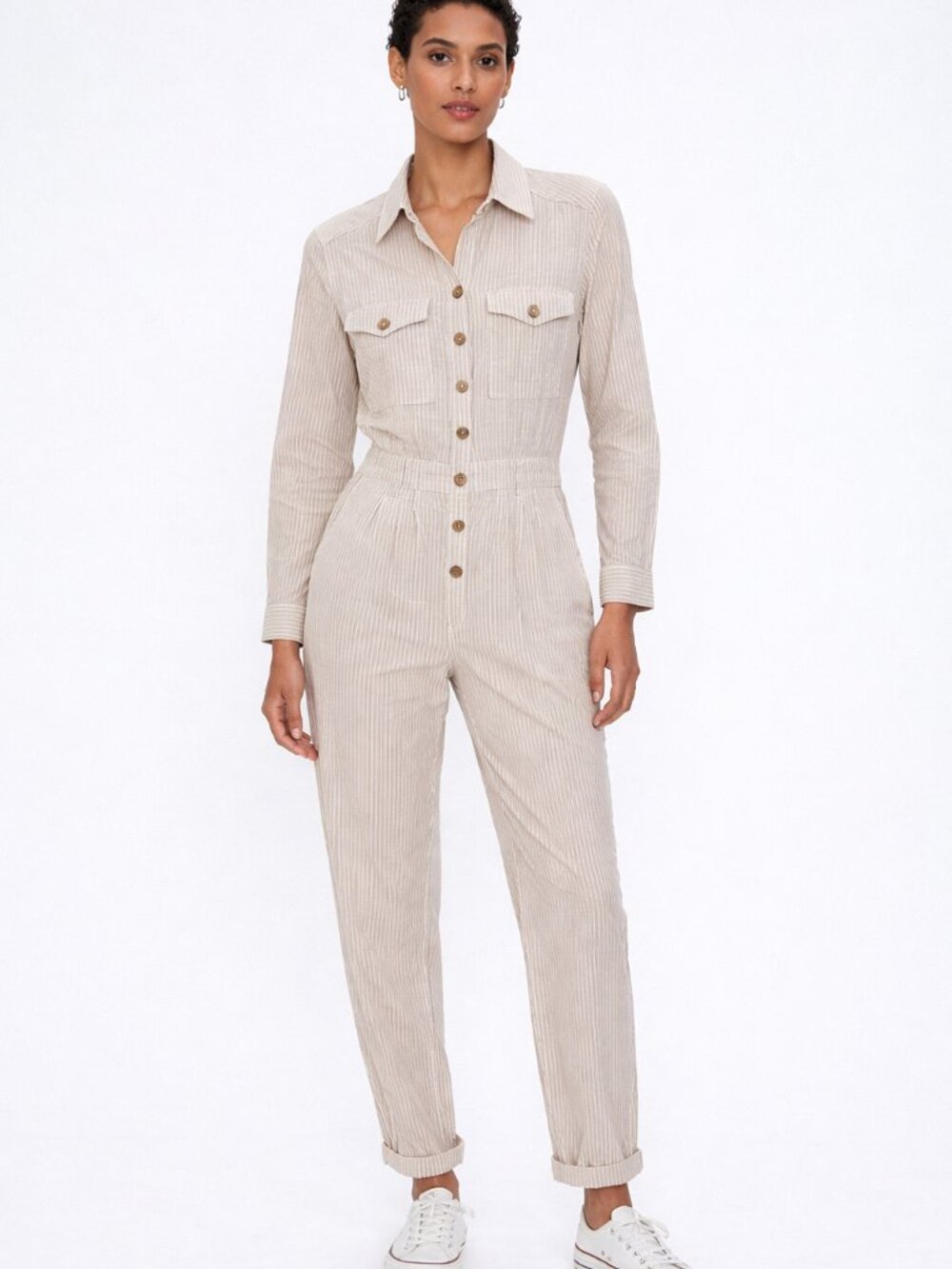 Billabong Dare Me Coverall Jumpsuit – Tan & White Seersucker Stripe – Size XS